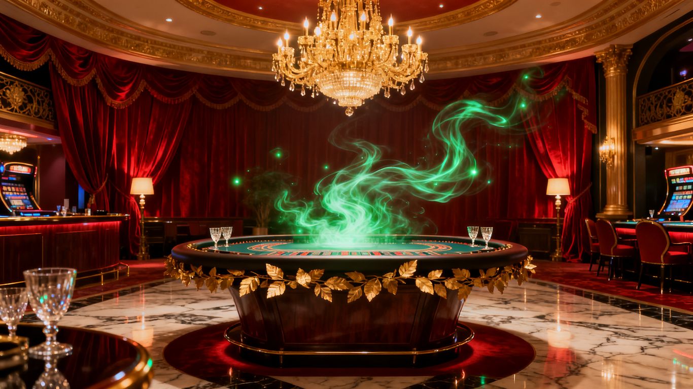 Casino interior with flowing green energy wisps.