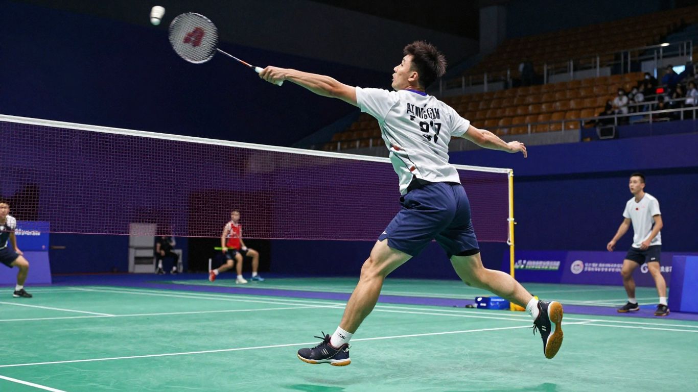 Badminton player smashing shuttlecock during a match.