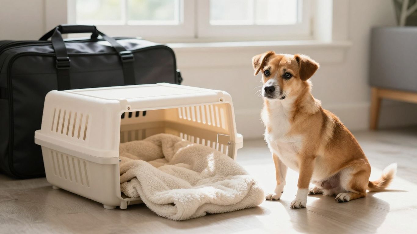 A dog beside a plastic travel kennel in a bright room