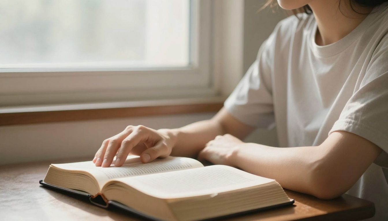 A person sitting quietly by a window with hands resting on a Bible, looking thoughtful and serene as soft morning light streams in.