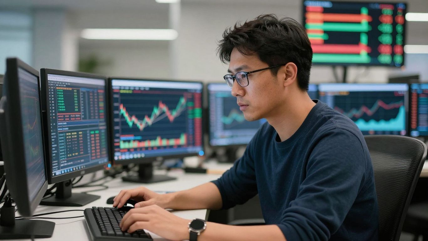 Trader analyzing forex market with focus and determination.