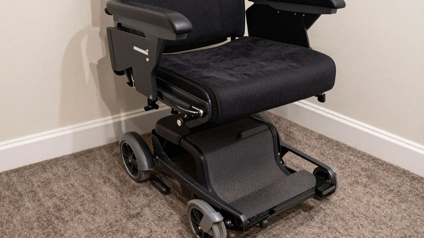 Stairlift installed on carpeted stairs.