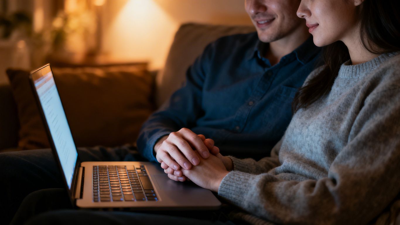 Couple connecting emotionally near a laptop screen.