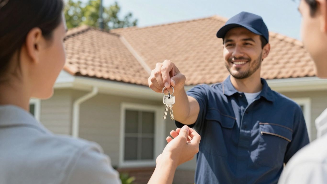 Roofing contractor receives keys from homeowner.