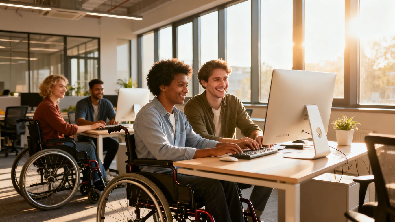 People with disabilities working in an inclusive office environment.