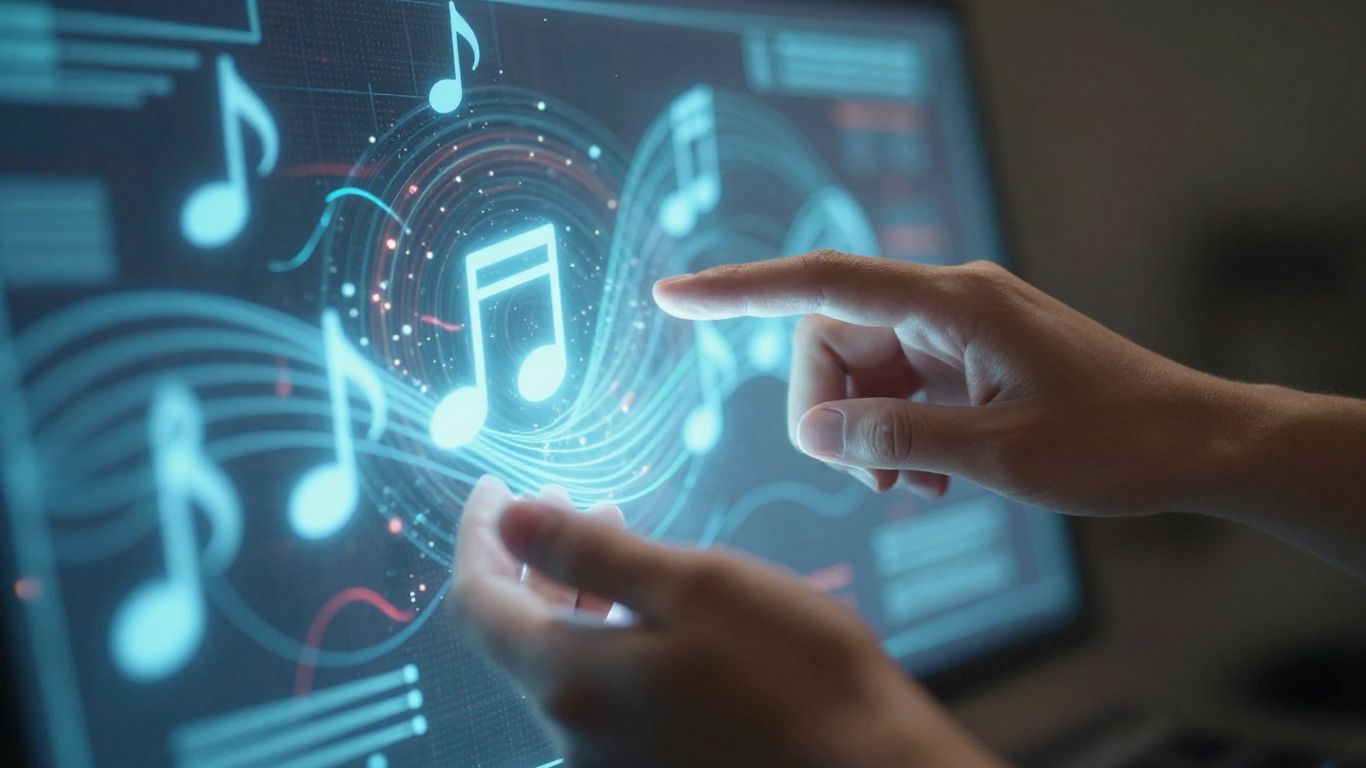 AI songwriting interface with musical notes and sound waves.