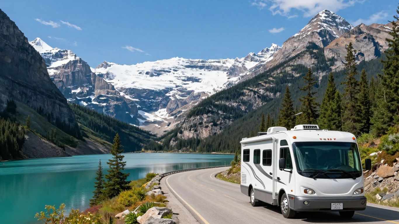 RV driving through scenic Canadian Rockies mountains