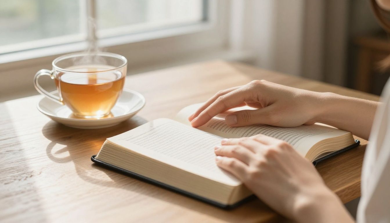 A person's hands resting gently on an open Bible next to a warm cup of tea, with soft morning light streaming in through a window, creating a peaceful and reflective mood.