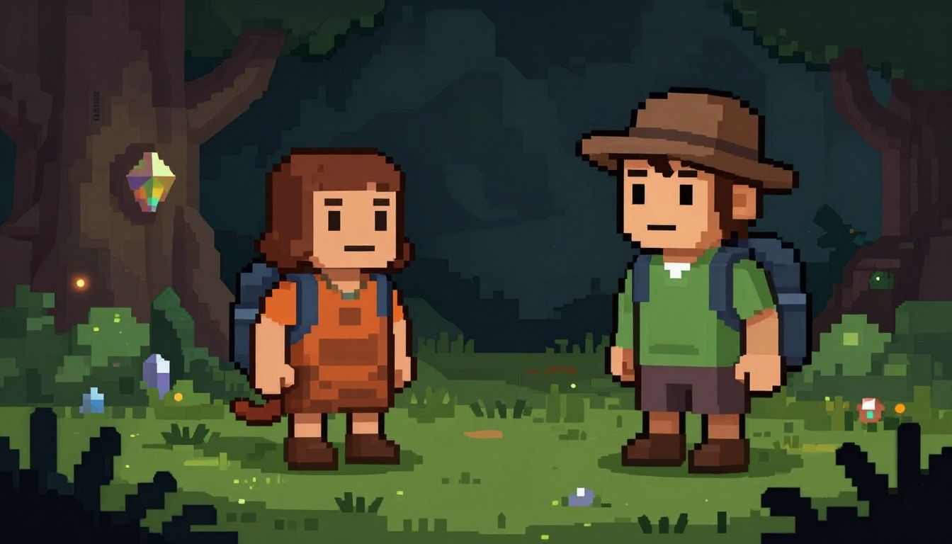 Um aventureiro explorando uma caverna pixel art cheia de cristais brilhantes e criaturas misteriosas
