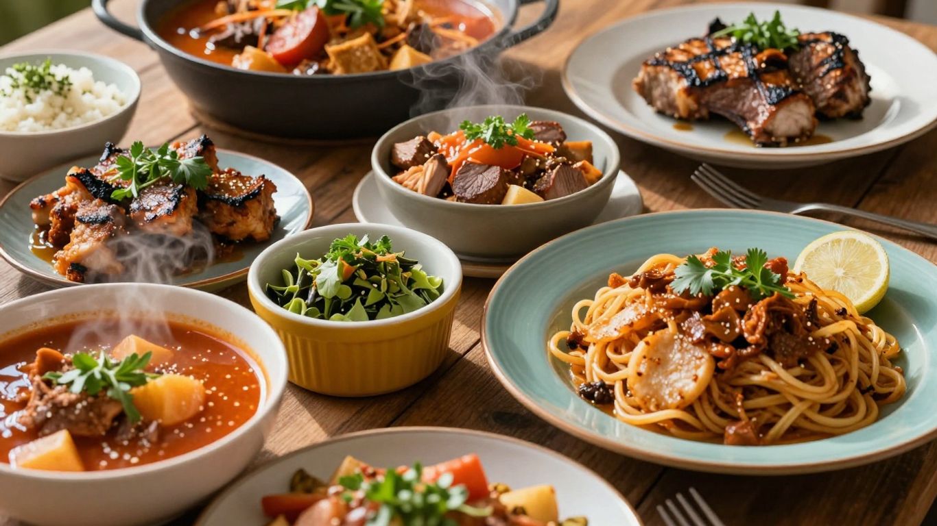 Masa plină cu mâncare tradițională românească, aburindă și apetisantă.