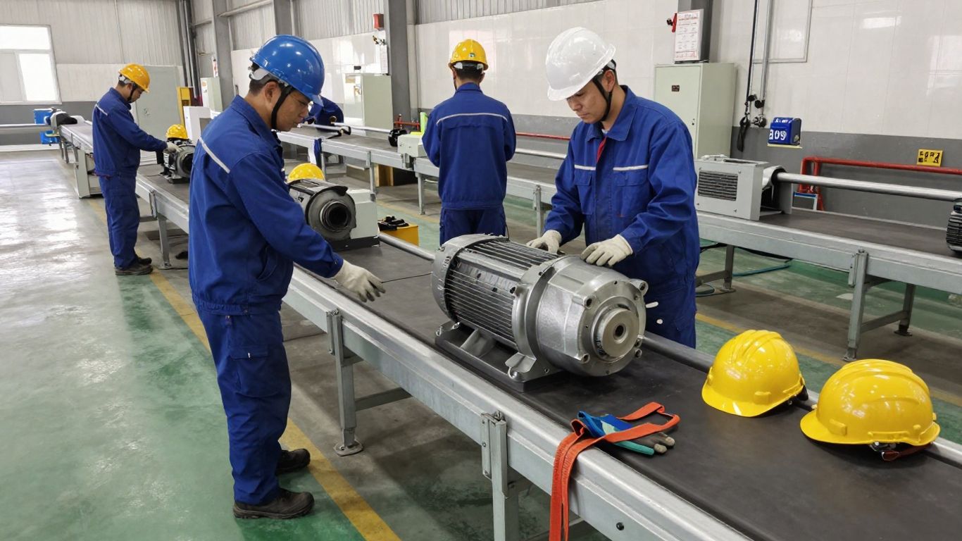 Technicians preparing industrial motor replacement