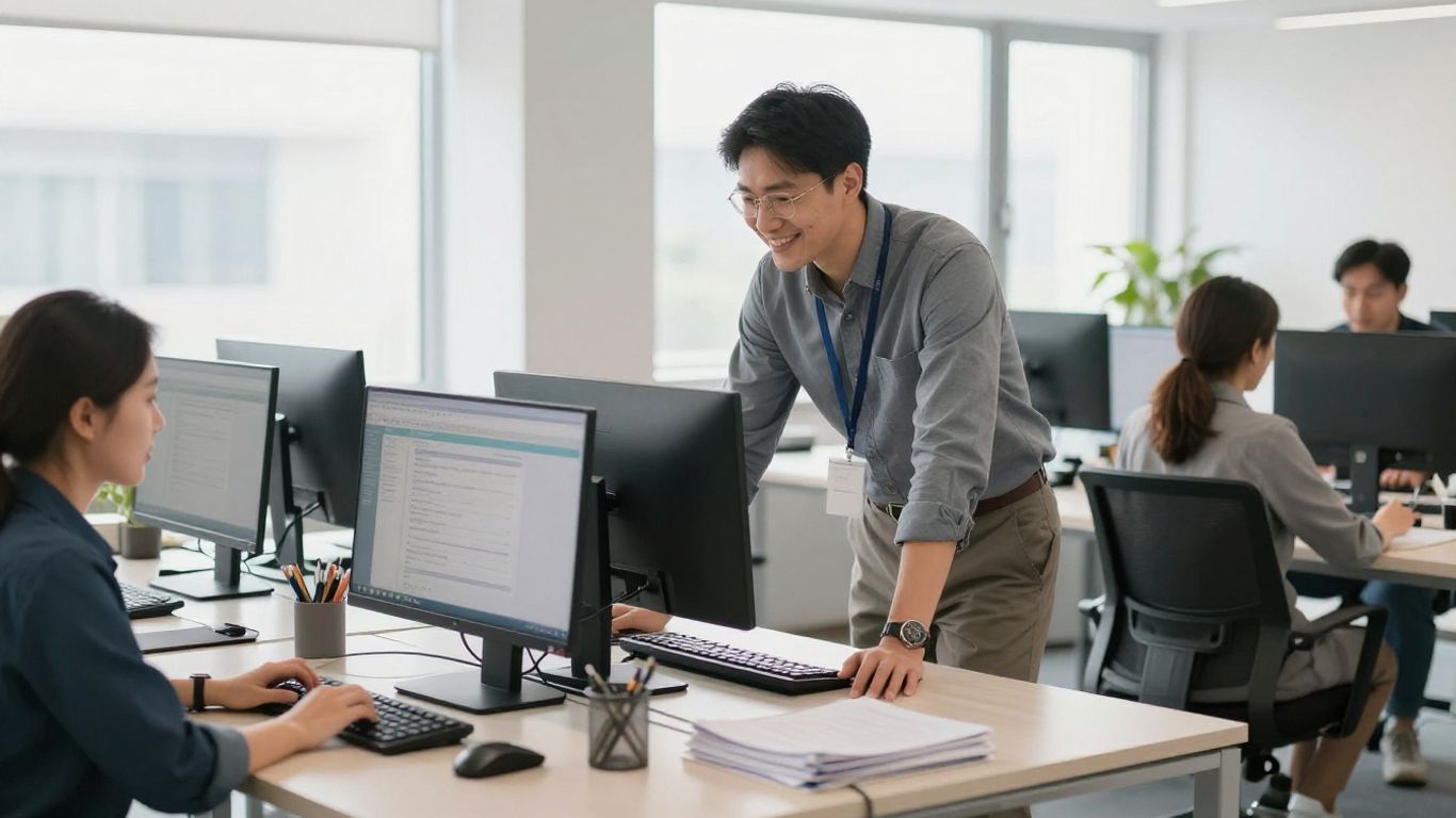 Microsoft 365 support technician helping a business person.