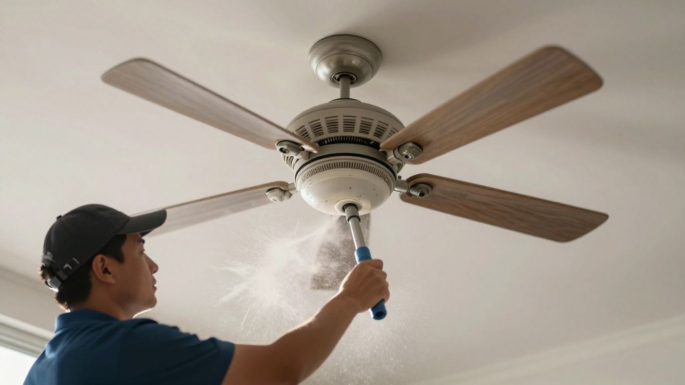 Cleaner dusting high ceiling fan and surfaces.