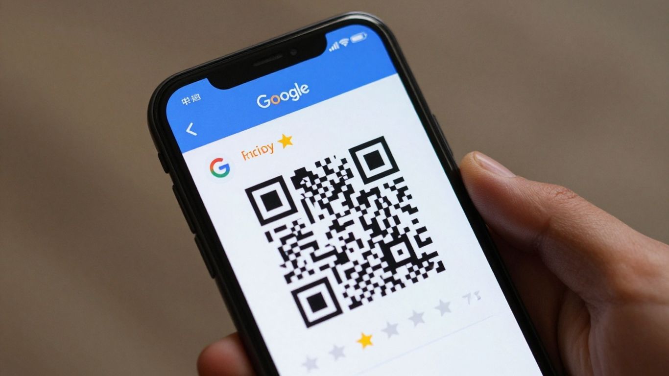 Smartphone displaying Google review QR code.