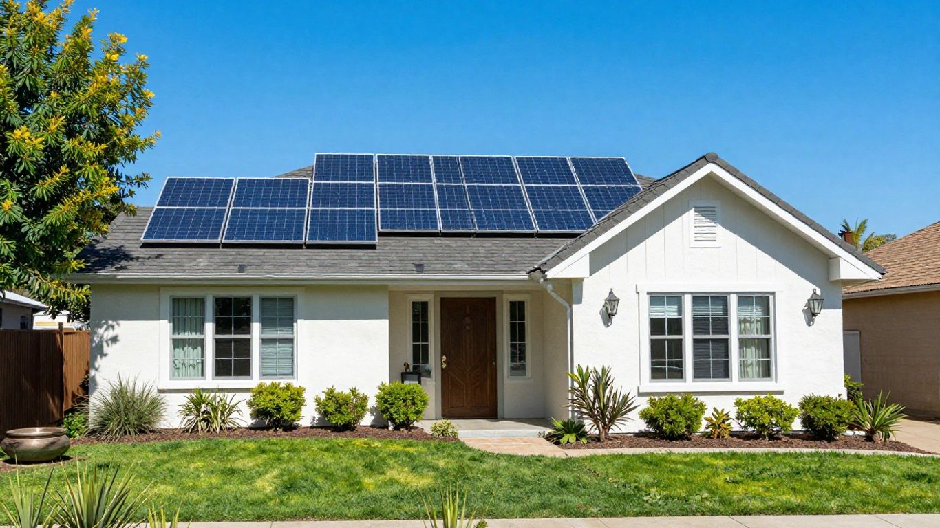 California home with solar panels under a sunny sky.
