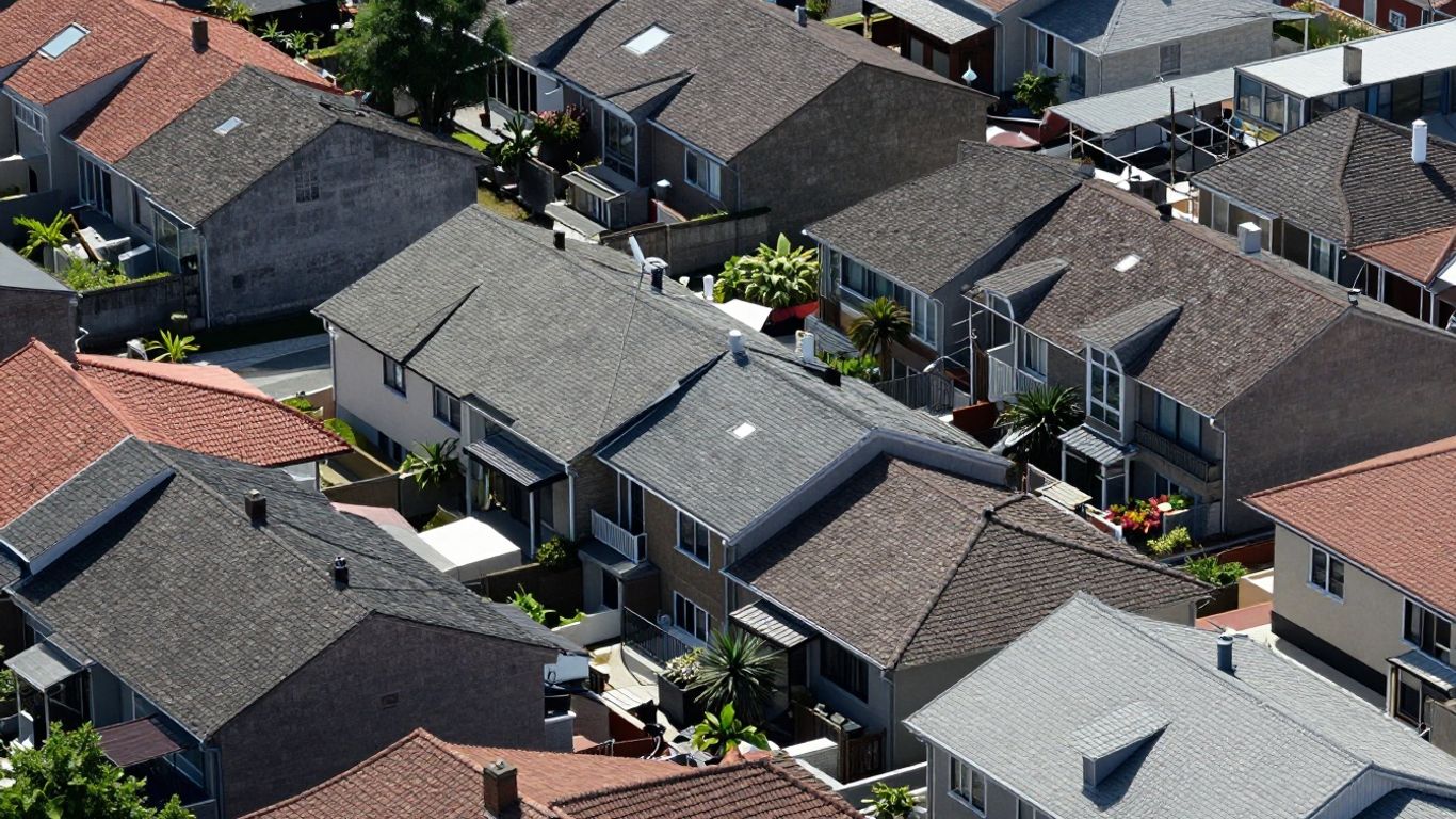 Aerial view of residential rooftops with measurements.