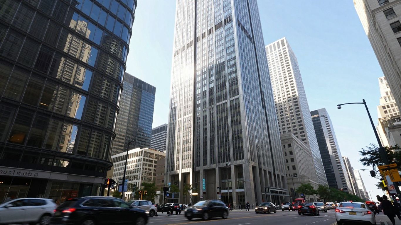 Financial district skyscrapers and busy street scene.