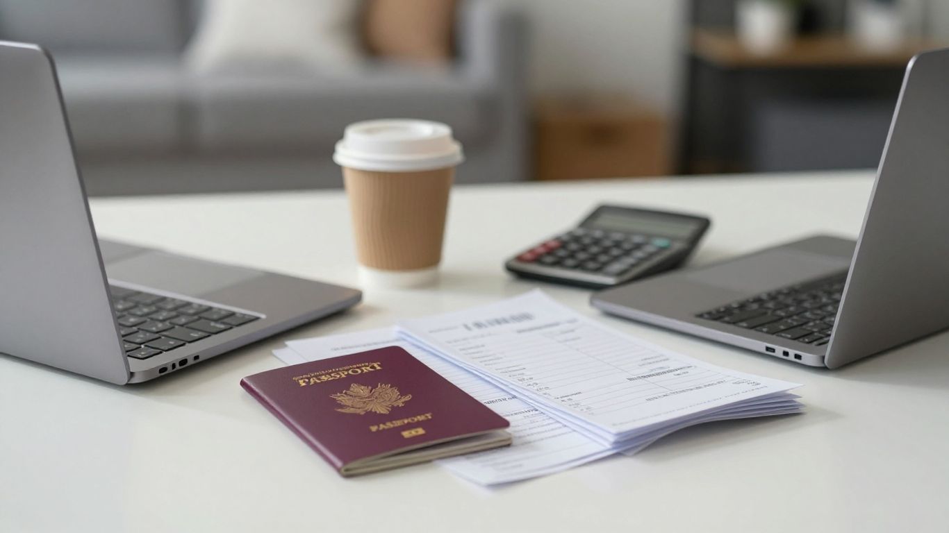 Laptop, passport, and calculator on relocation desk