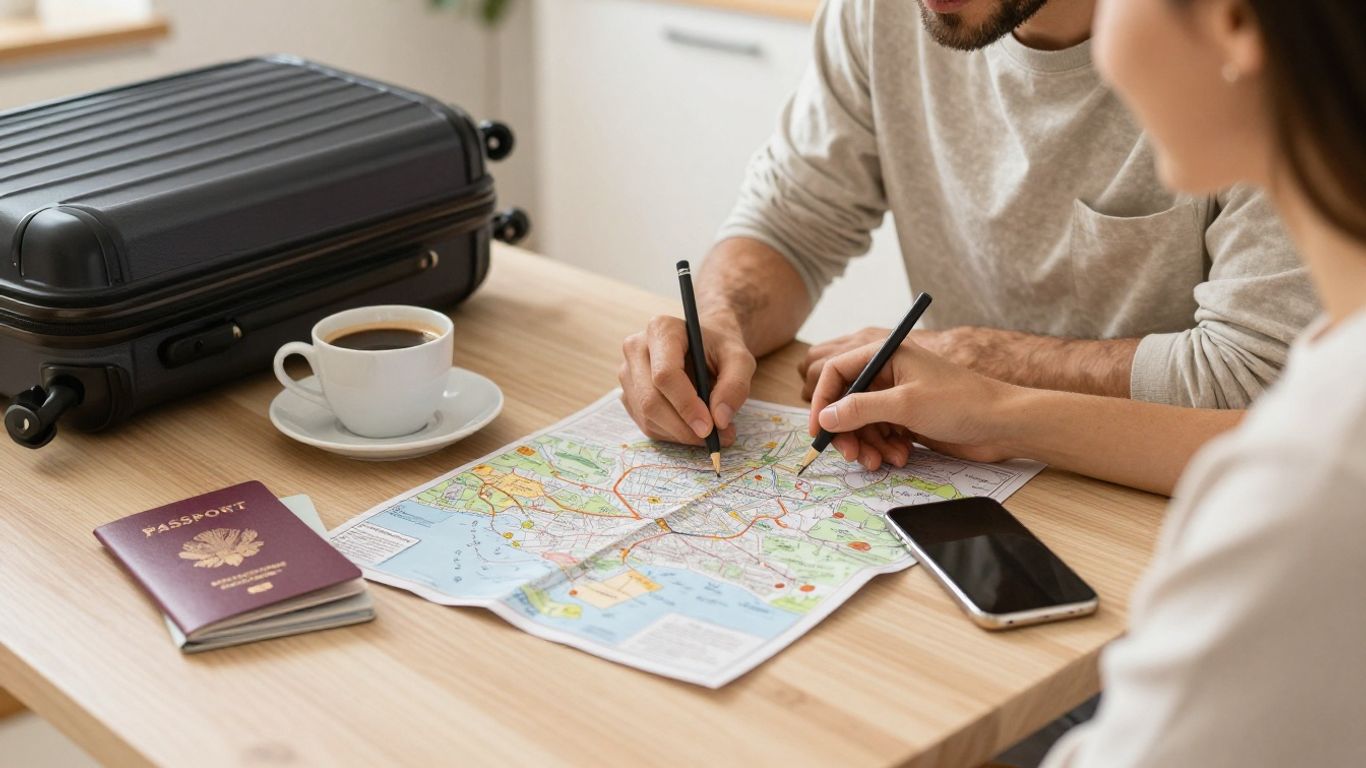 A couple comparing maps beside luggage
