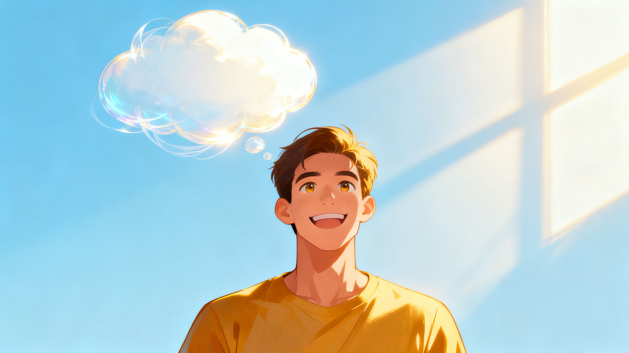A man now looking energized and focused, with a bright, clear thought bubble, ready to start his day