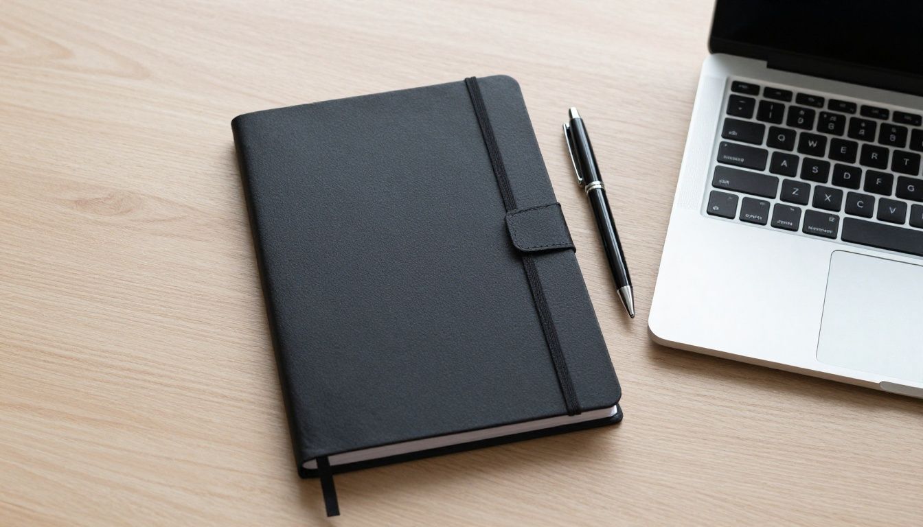 A clean, minimalist workspace featuring a high-quality journal, a pen, and a laptop, reflecting a sense of clarity, intentionality, and structured success in a professional American office setting.