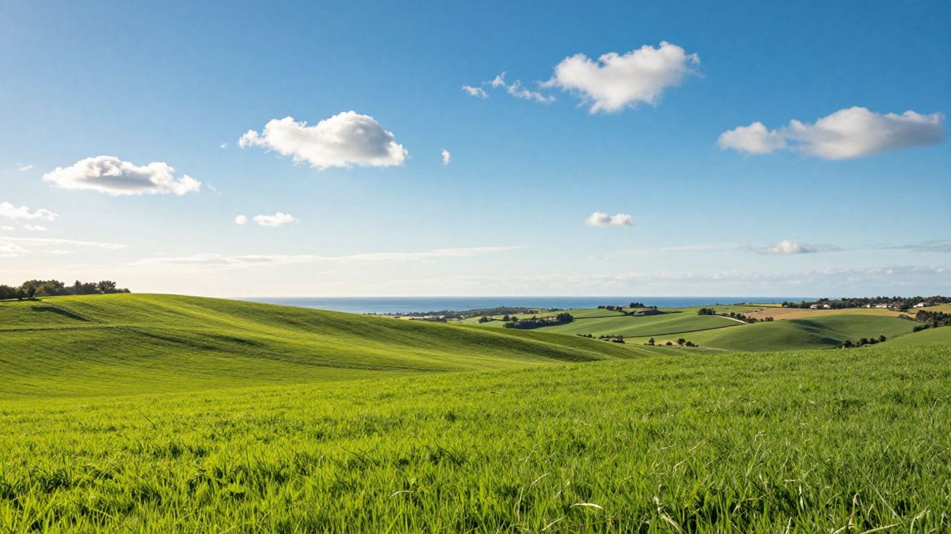 Sunny European landscape with green hills and coastline.