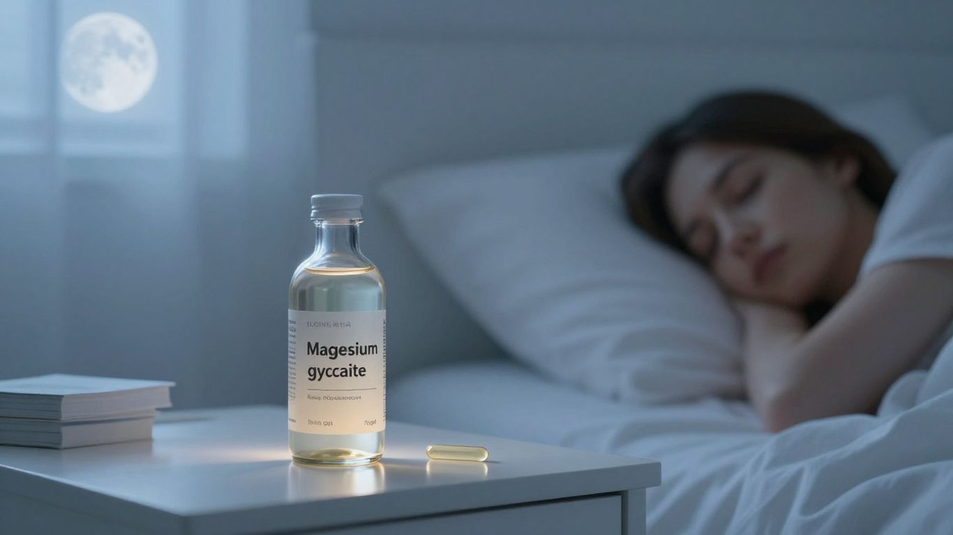 Calm bedroom with liquid magnesium glycinate bottle.