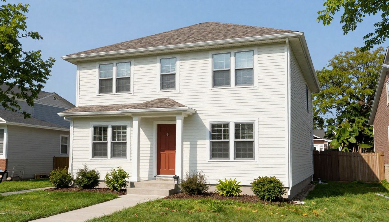 A clean, well-maintained residential stucco home exterior in a quiet Chicago suburban neighborhood