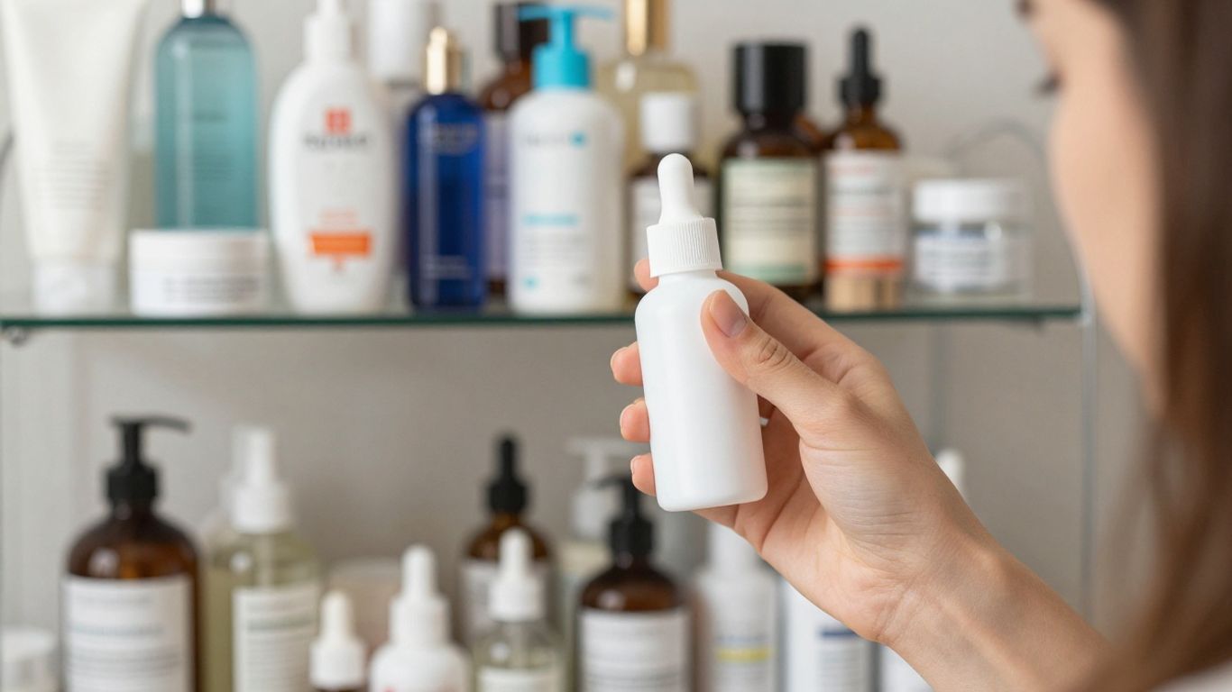 Skincare products, overwhelmed person, simplified routine
