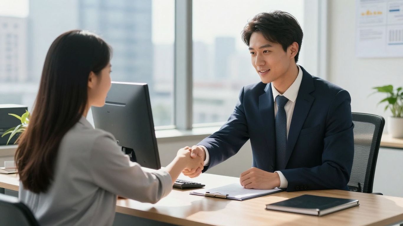 Stockbroker shaking hands with client in office.