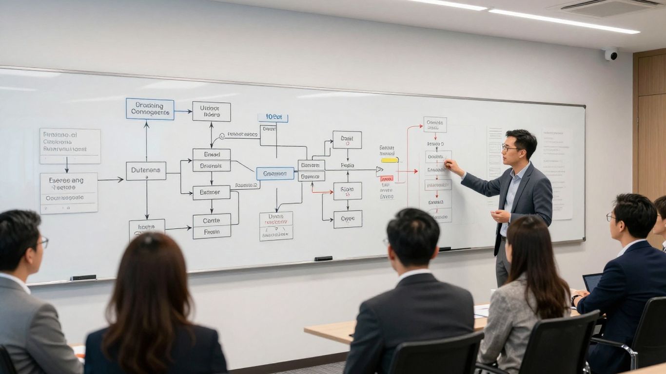 A team mapping out complex business workflow processes