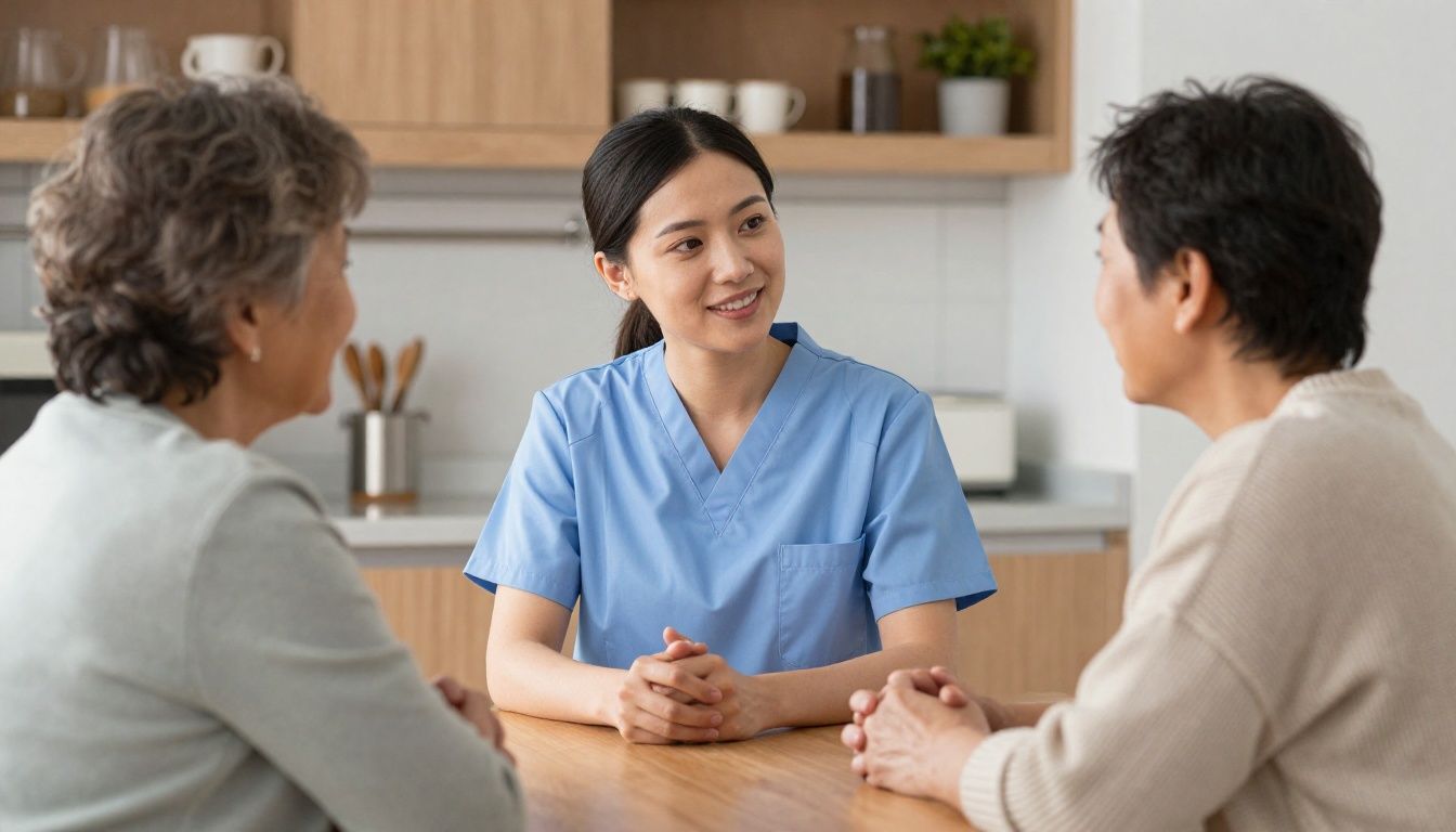 A compassionate female nurse in a blue uniform sits at a kitchen table, talking kindly with an older woman who is smiling.