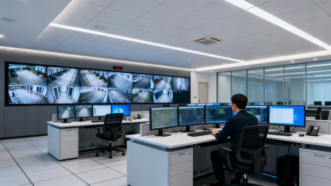 Surveillance room with monitors and calm lighting.