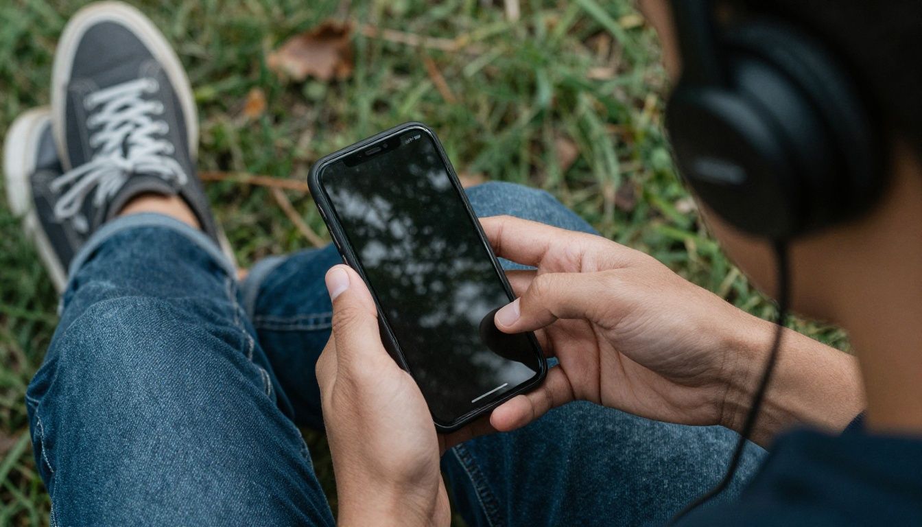 Pessoa usando fones de ouvido para ouvir um audiolivro no celular durante uma caminhada em um parque
