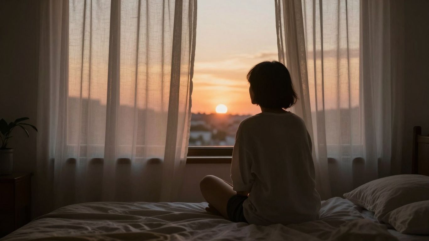 Schlafzimmer mit sanftem Abendlicht und Sonnenuntergang