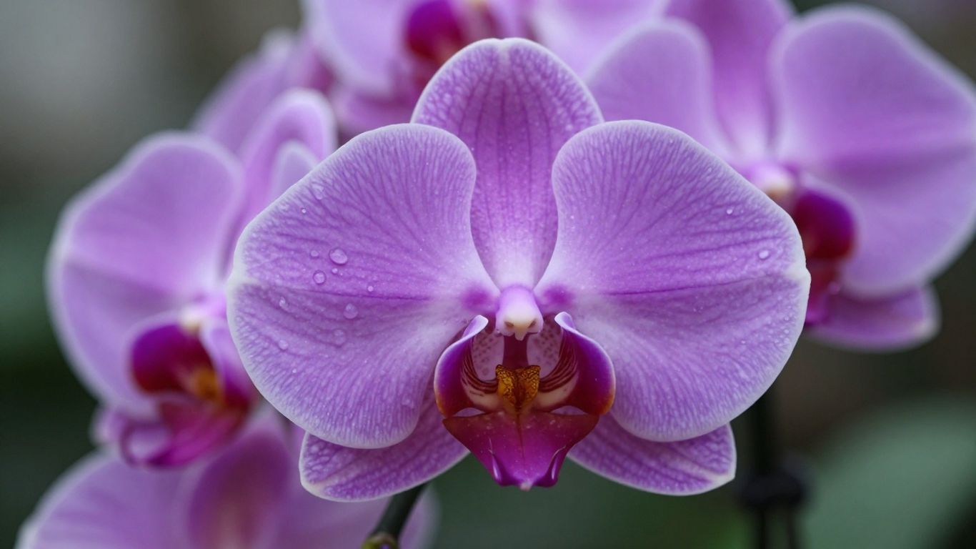 Close-up of vibrant purple orchids with dew drops.