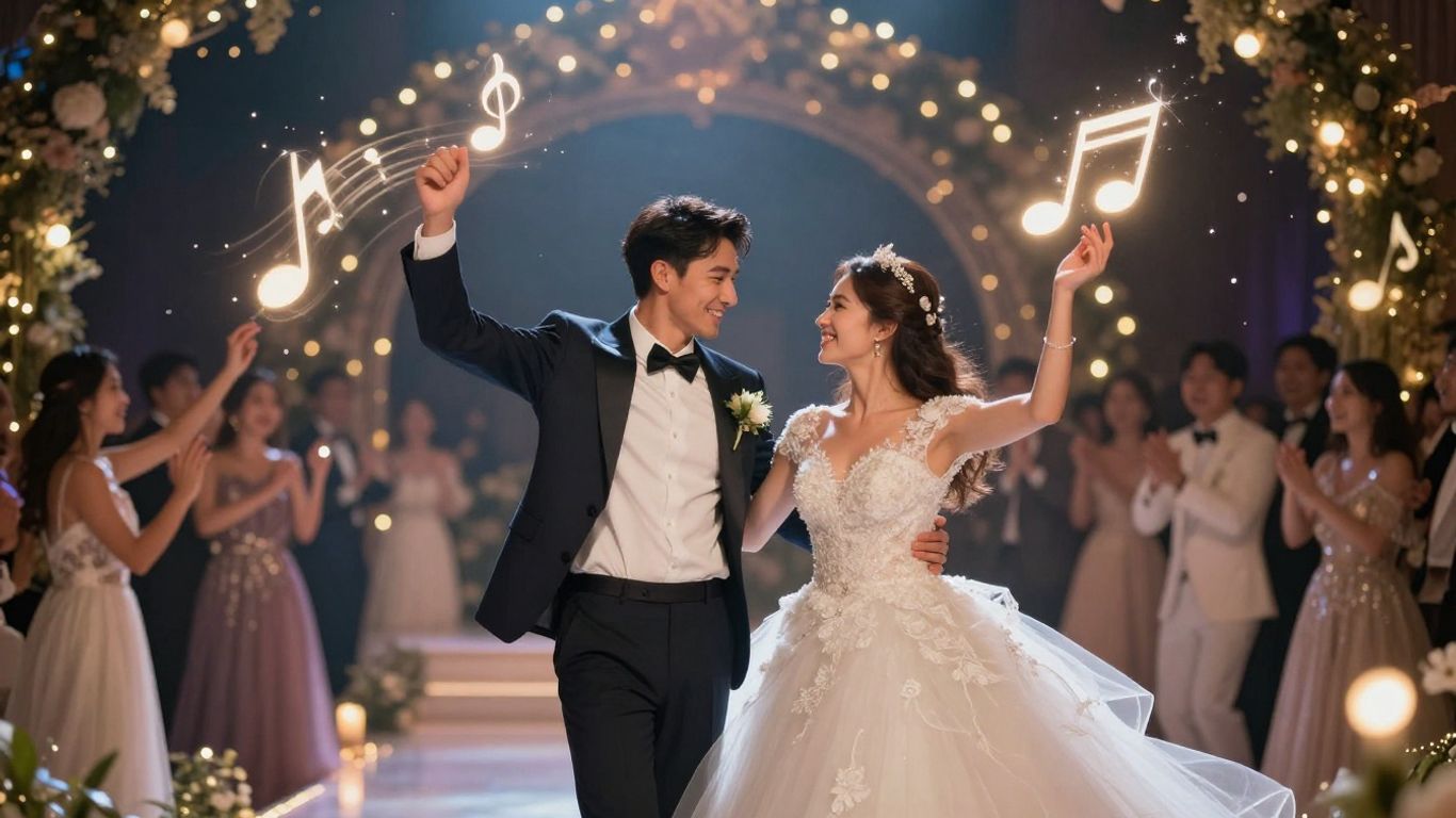 Couple dancing at wedding with AI music video elements.