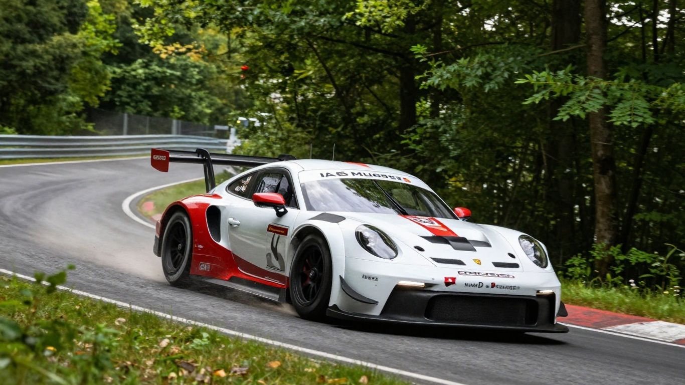 Porsche race car on the Nürburgring track.