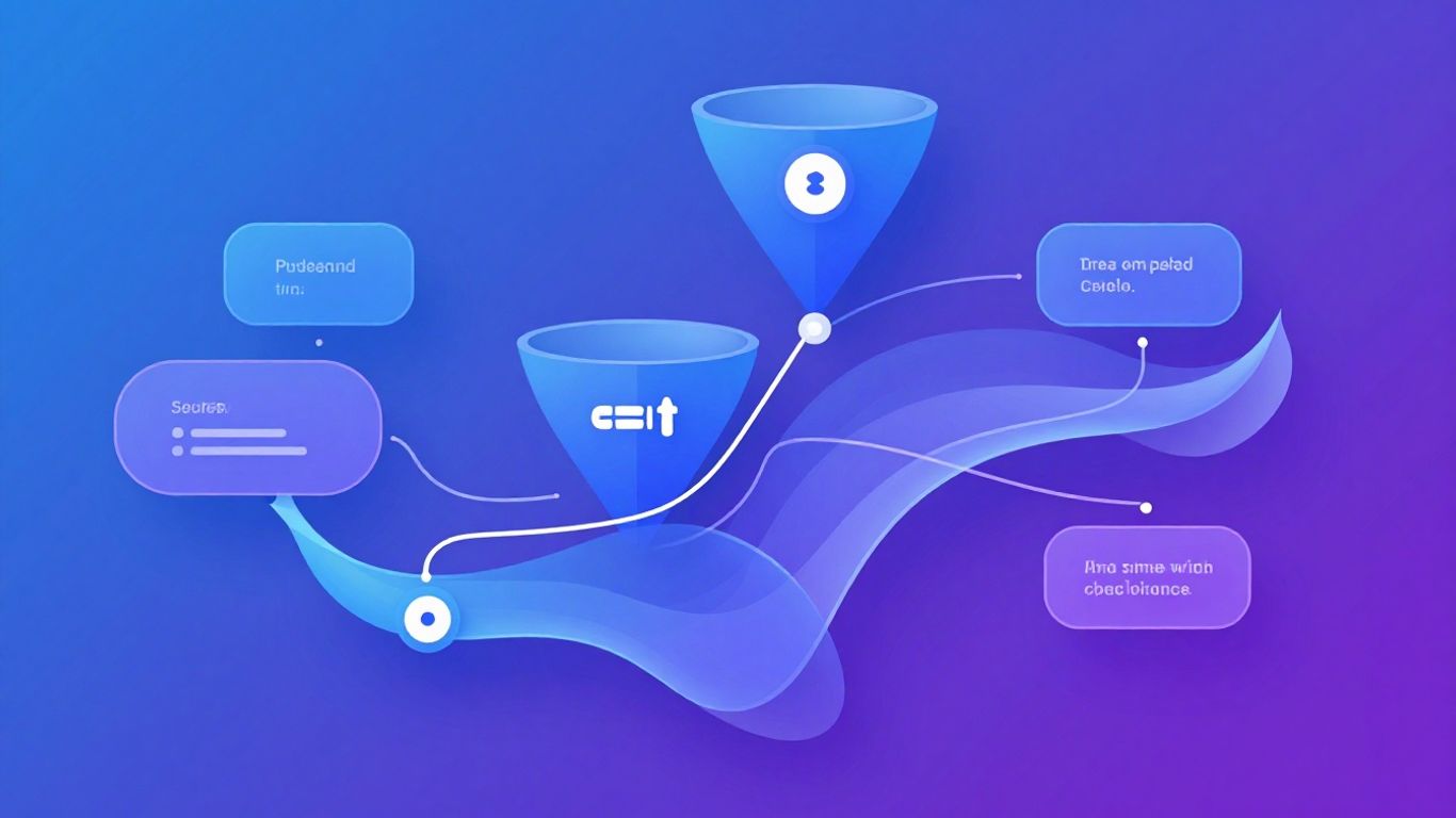 GHL Funnel Builder interface with abstract visual flow.