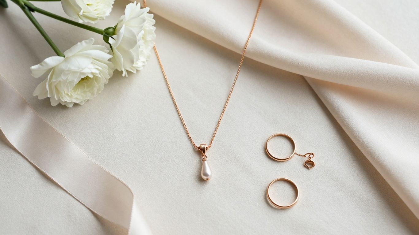 Delicate bridal necklace and bracelet beside white flowers