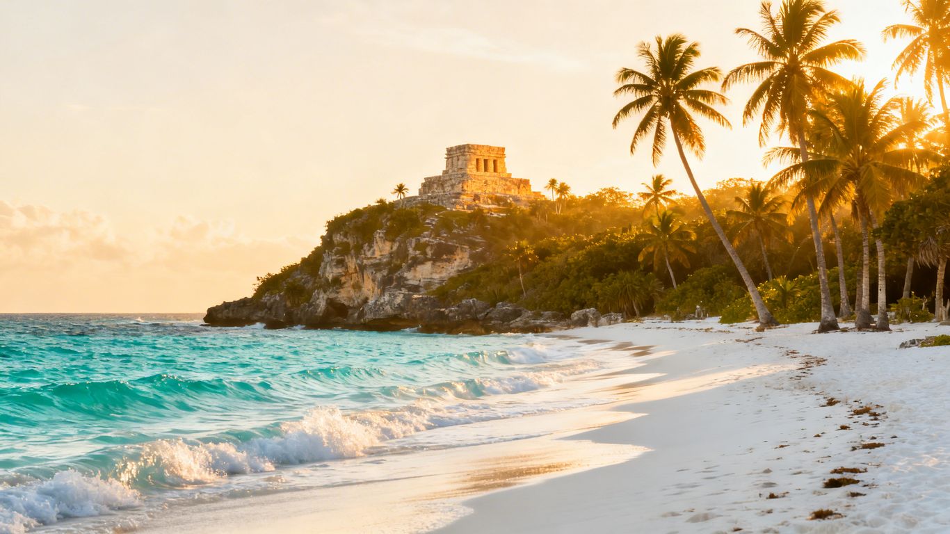 Cancun beach with turquoise water and palm trees.