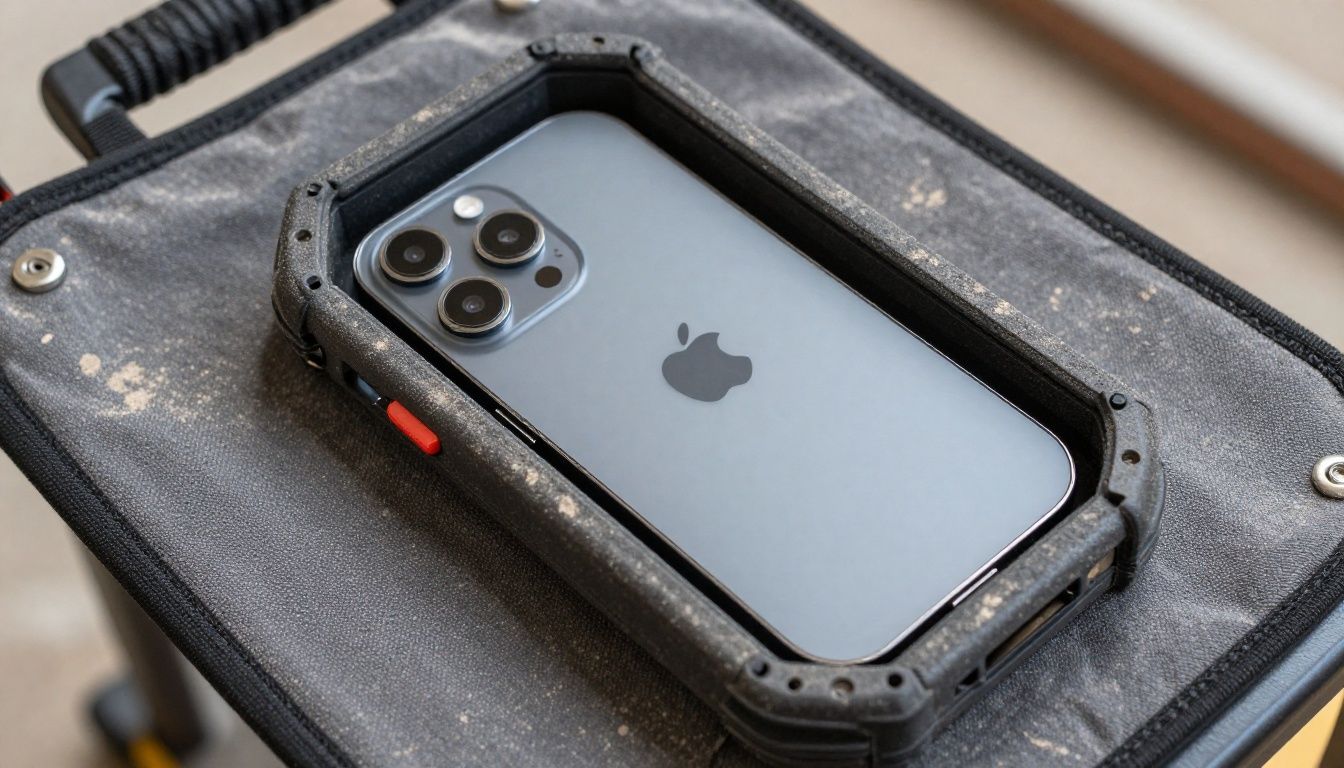 A tradie on a construction site in Perth, pulling an iPhone 17 Pro in a rugged, dust-proof case from their tool belt to take a call.