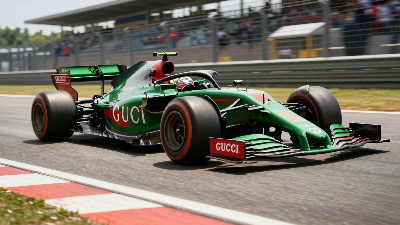 Gucci-branded Formula 1 race car on track.