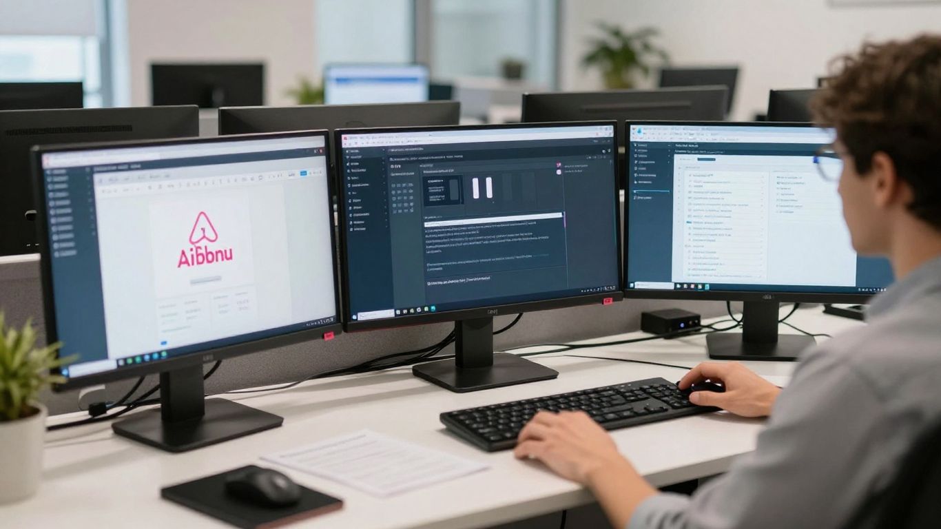 Managing Airbnb bookings across multiple platforms on screens.