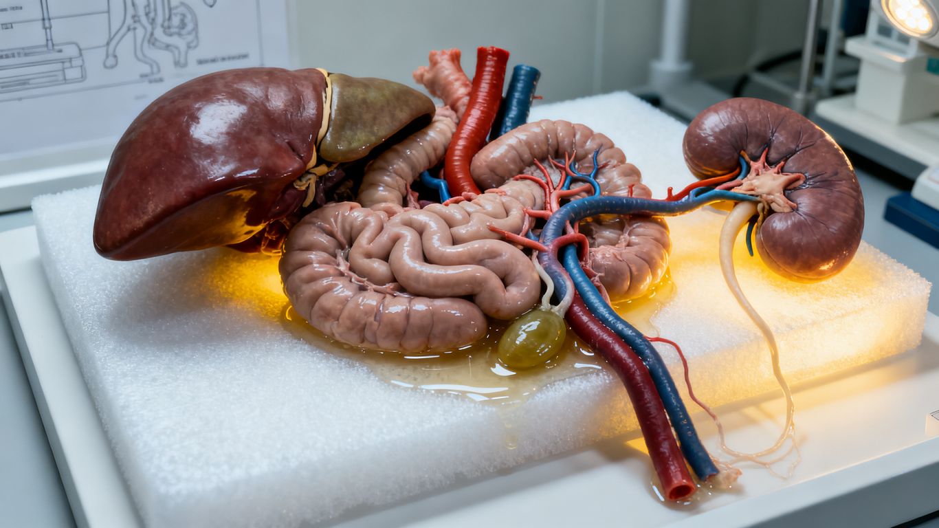 An anatomical rendering of the human digestive and renal systems