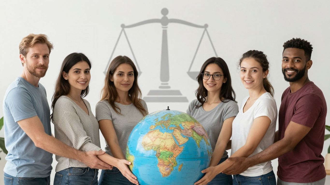 Diverse people holding hands with a globe and legal symbols.
