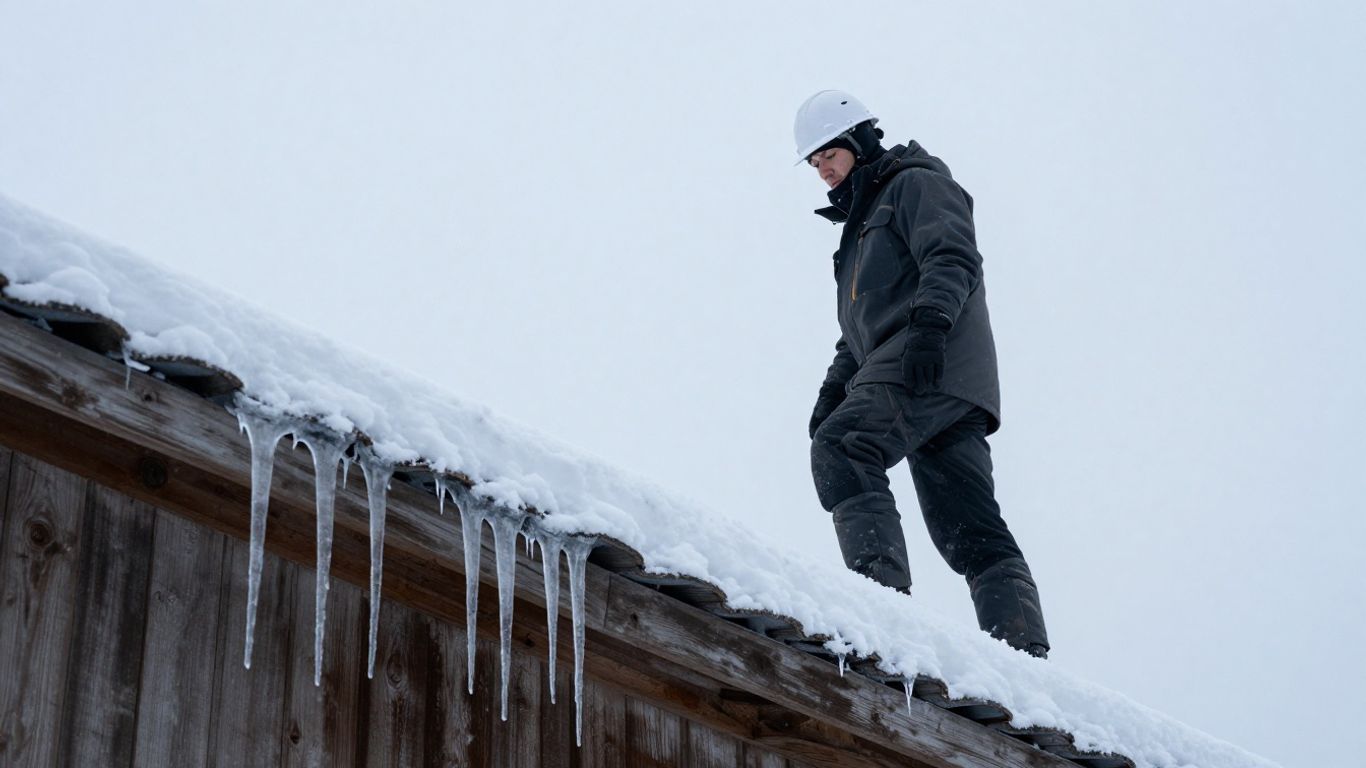 Roofer working on a cold, snowy roof in winter.