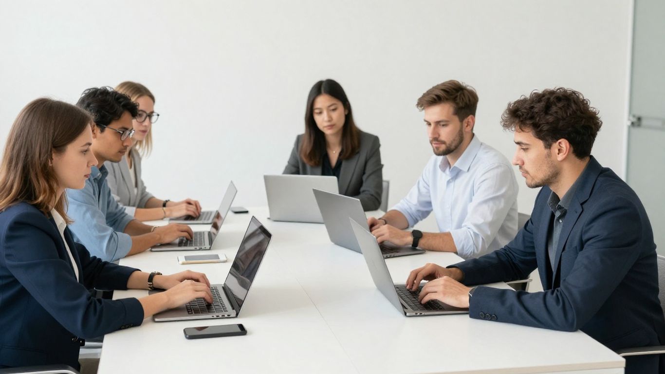 Mitarbeiter im modernen Büro arbeiten zusammen, realistisch, europäisch.