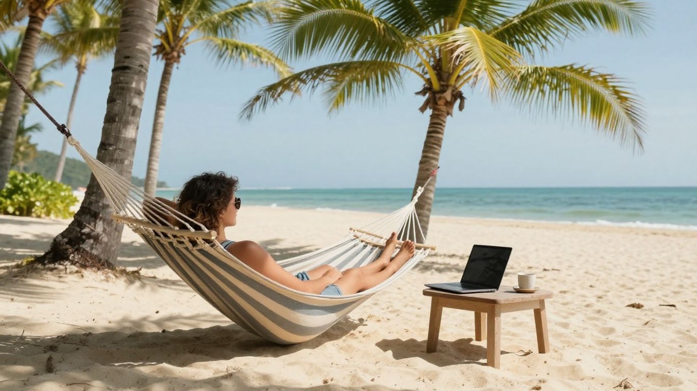 Persona relajándose en una hamaca con laptop en la playa.