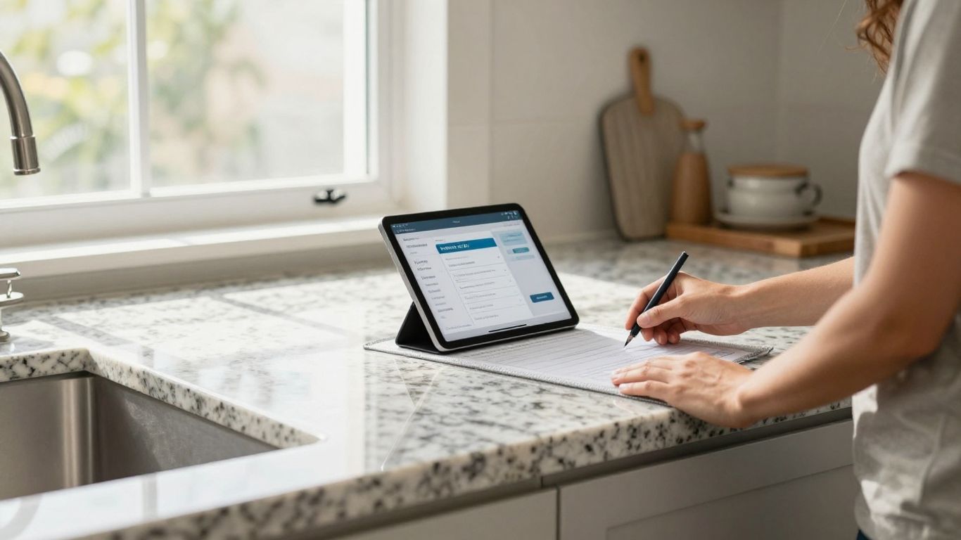 Person measuring kitchen countertops with tablet scheduling app